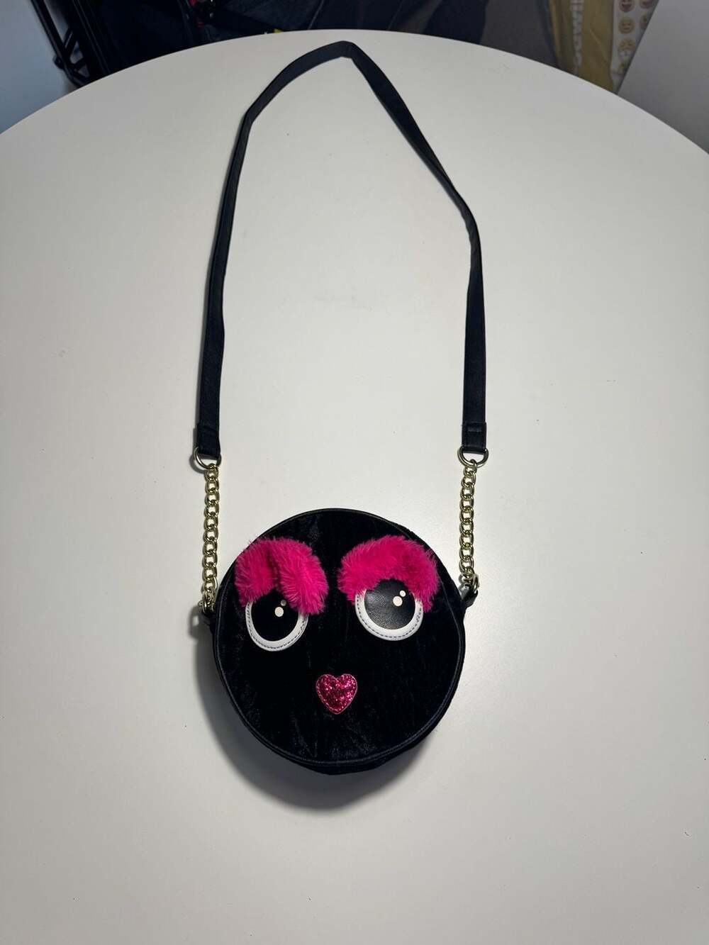 Luv Betsey Betsey Johnson Round Face Crossbody Purse Black Velvet Novelty Bag